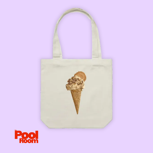 Tote bag with ice cream cone design on a light purple background, featuring the brand 'Pool Room'.