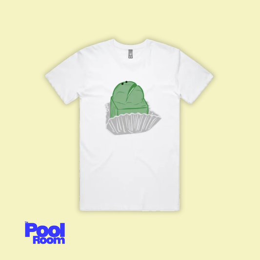 Large frog cake graphic printed on white unisex cotton t-shirt by The Pool Room.