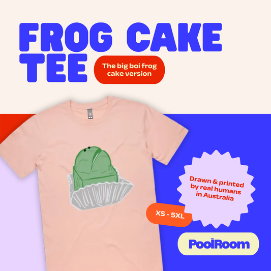 Large frog cake graphic printed on light pink unisex cotton t-shirt with text that reads 'Frog Cake Tee the big boi frog cake version. Drawn and printed by real humans in Australia. XS - 5XL.